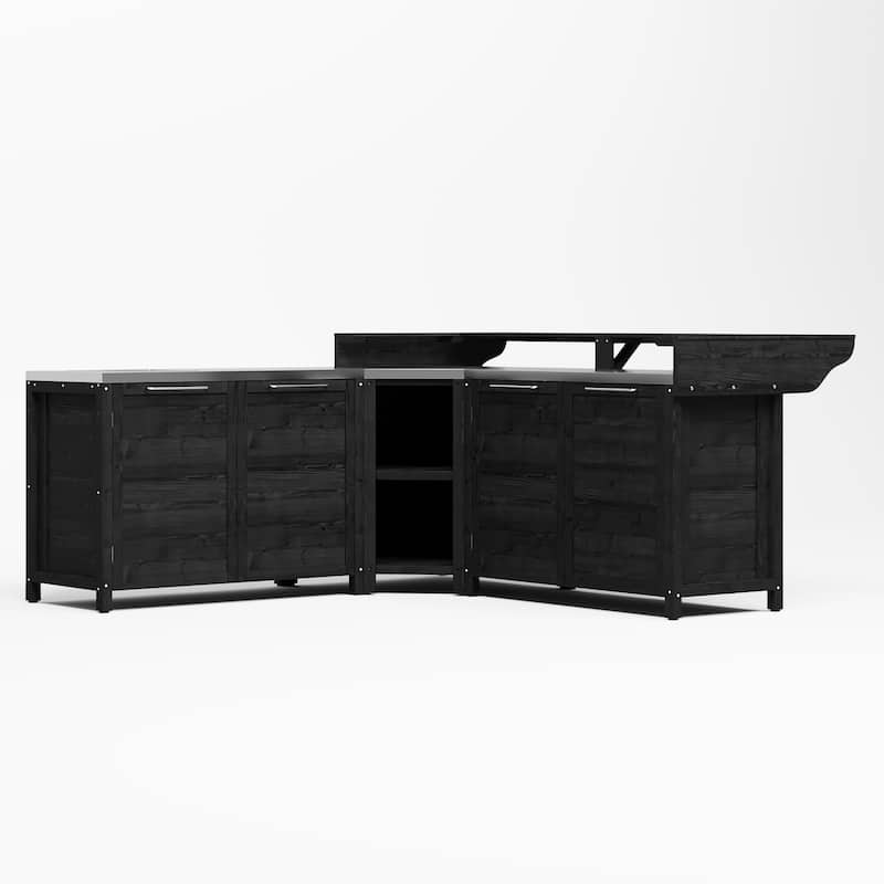 Outdoor BBQ Kitchen Cabinet Set, 100% Solid Wood Patio Kitchen Storage Stainless Steel Countertop