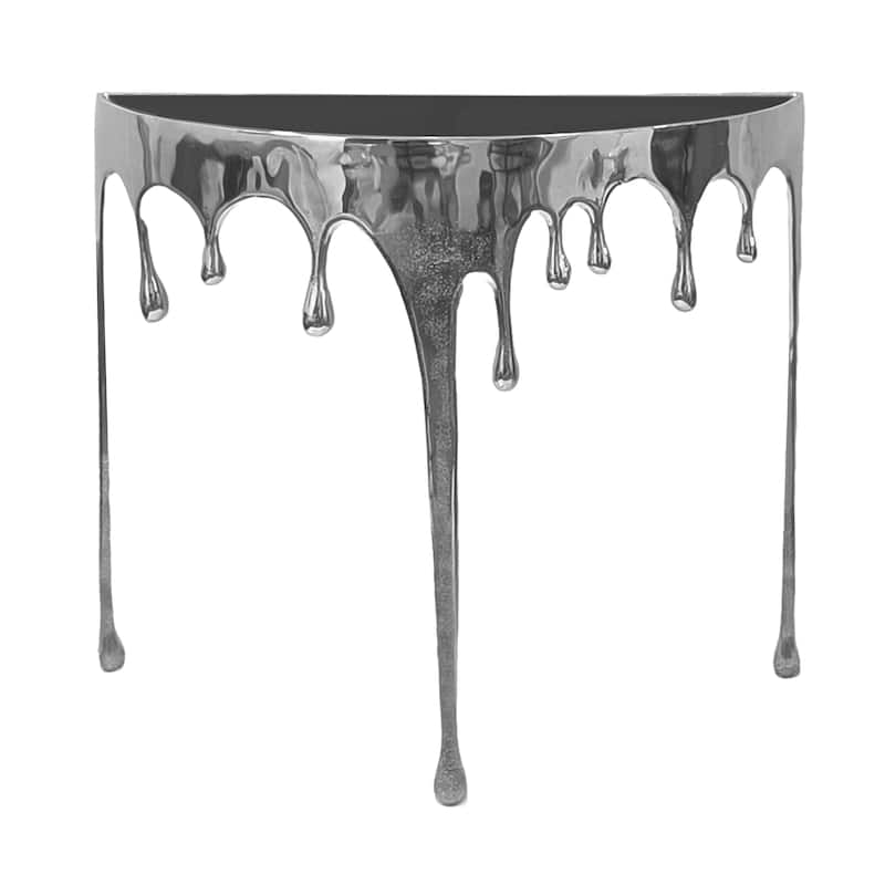 Capri Sofa Console Table, 36.25" Half Moon Glass Top, Melting Drip Design Aluminum Cast Silver
