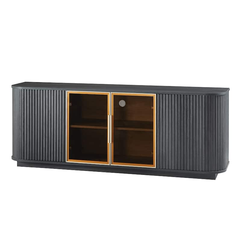 Anmytek 64 Inch Wavy Wooden TV Cabinet Black Aluminum Frame Tempered Glass Door Storage Sideboard