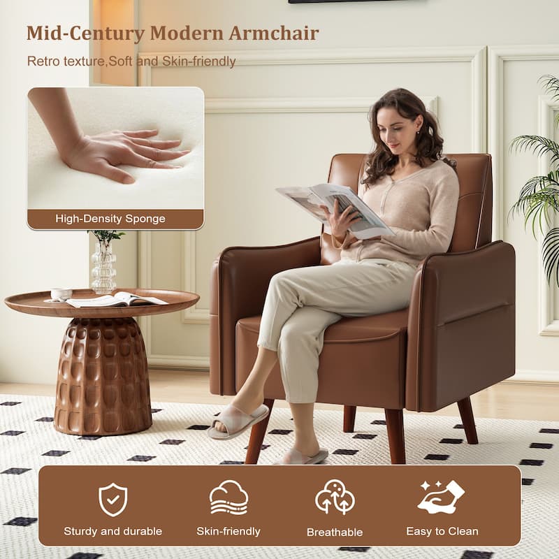 Button Tufted Faux Leather Accent Chair Armchair with Solid Sagwan Wooden Frame