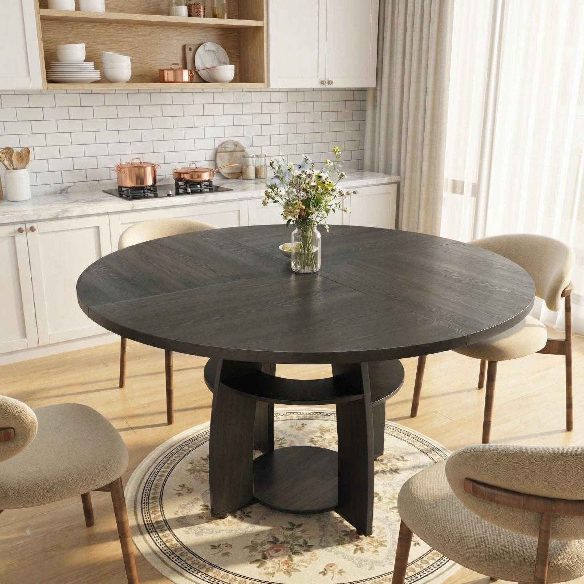 47 Inch Round Dining Table for 4-6 People, Modern Wood Table with Storage Shelf & Adjustable Feet - black