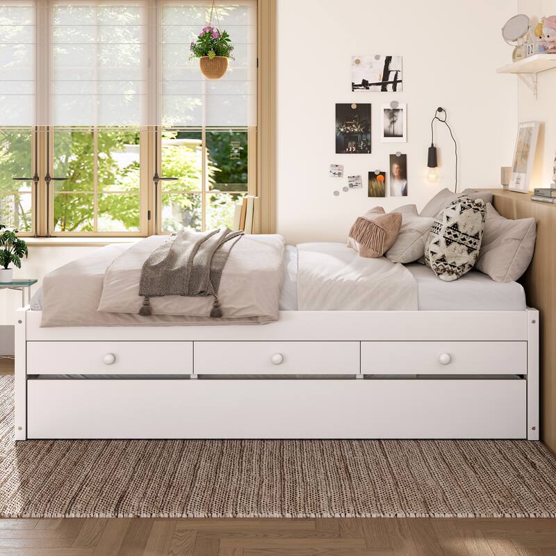Full/Twin Platform Bed with Trundle, 2 Drawers & Built-in Power Outlets