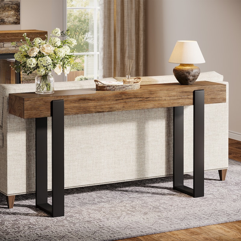 63 Inch Long Entryway Console Table, Solid Wood Top and Metal Legs