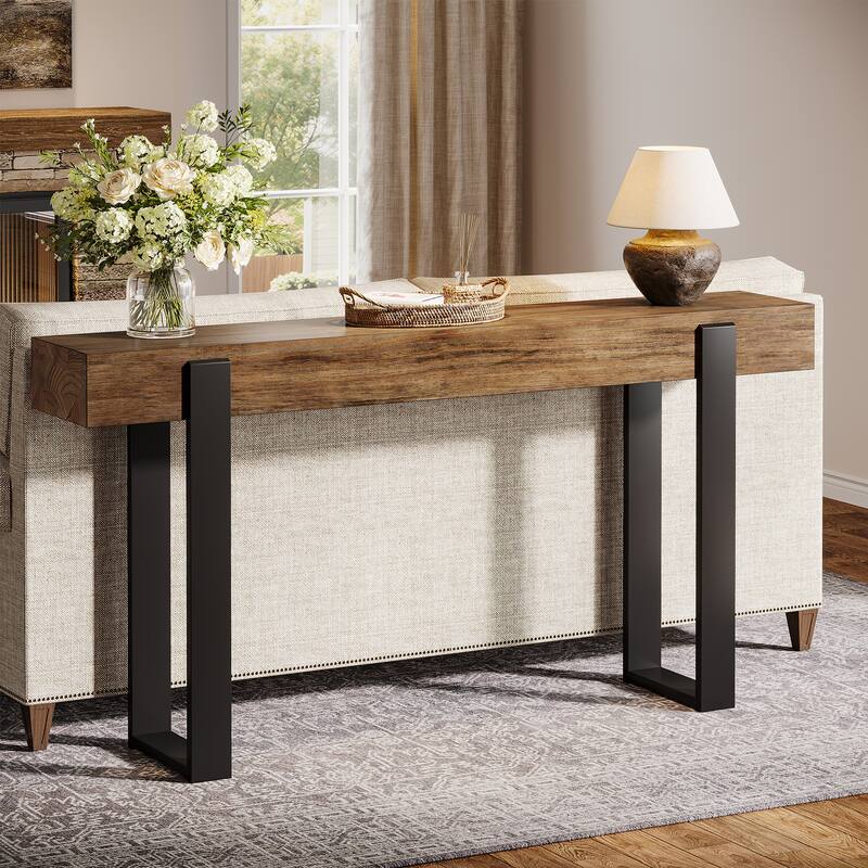 63-Inch Solid Wood Sofa Table Behind the Couch with Metal Support