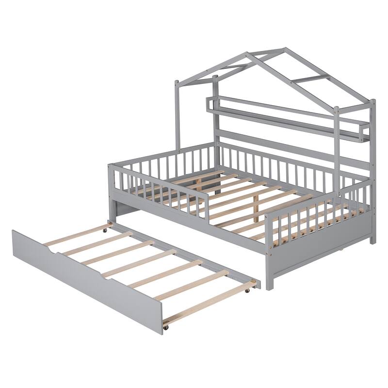 Wooden Full Size House Bed with Twin Size Trundle,Kids Bed with Shelf