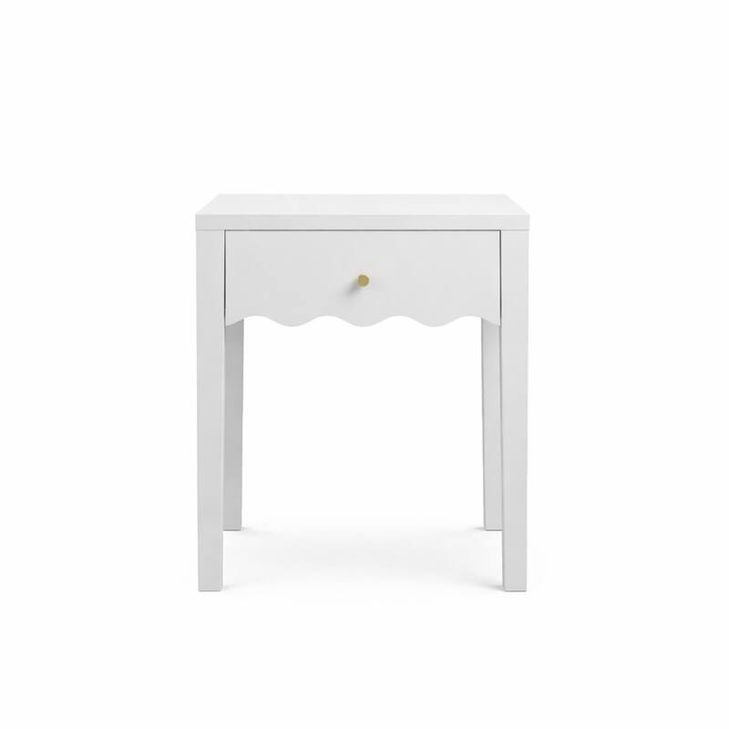 White Nightstand with Drawer, Modern Bedside Table with Wavy Apron Design, Compact End Table, Small Side Table with Storage