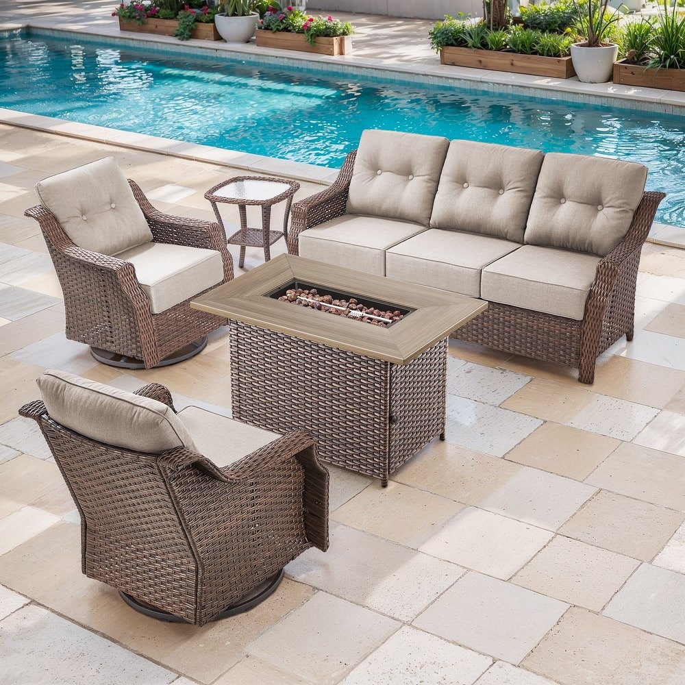 Artisan Brown Wicker Patio Fire Pit Conversation Set with 3-Seat Sofa & Swivel Gliders