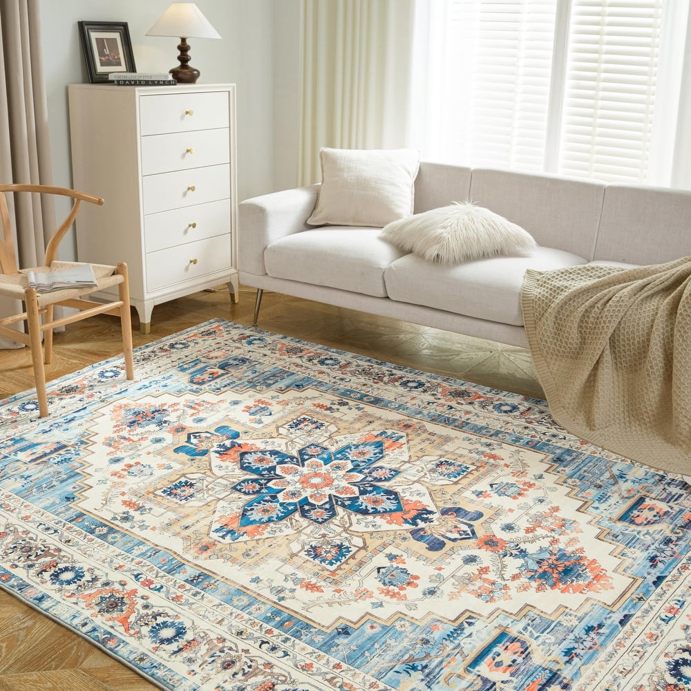 DriftAway Area Rug Washable Rugs for Living Room Non Slip Rubber Backing Low Pile Non Shedding Boho Foldable Vintage Rugs