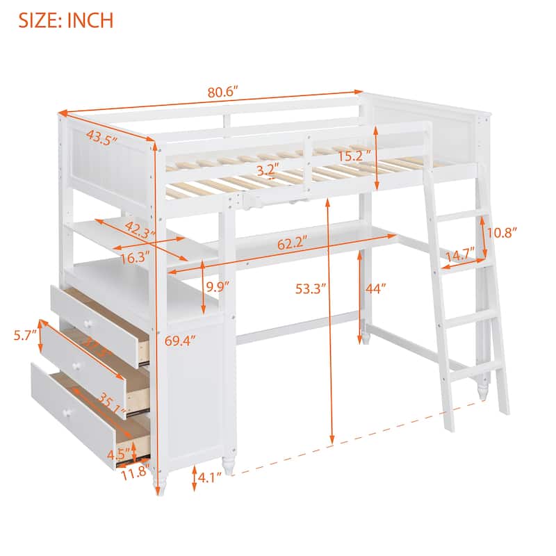 Loft Bed with Drawers and Desk, Wooden Loft Bed with Shelves