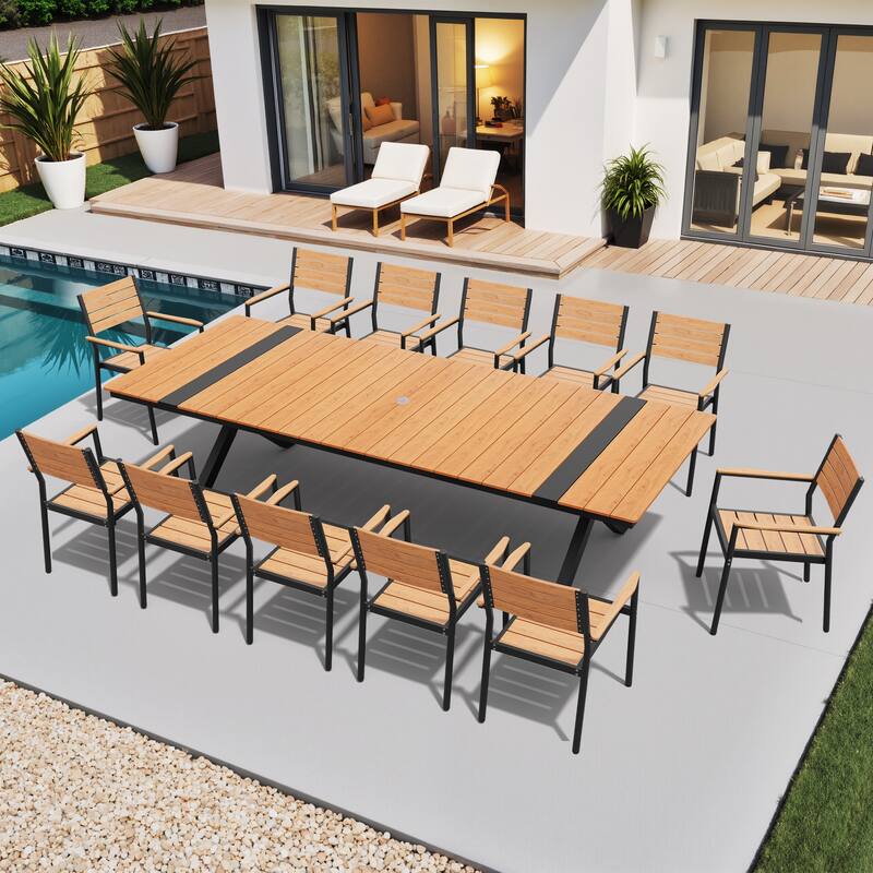 13-Piece Outdoor Dining Set Aluminum Rectangular Table with Umbrella Hole and Stackable Chairs - Brown