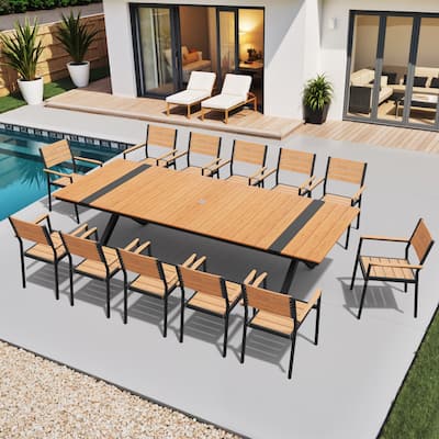 13-Piece Outdoor Dining Set Aluminum Rectangular Table with Umbrella Hole and Stackable Chairs
