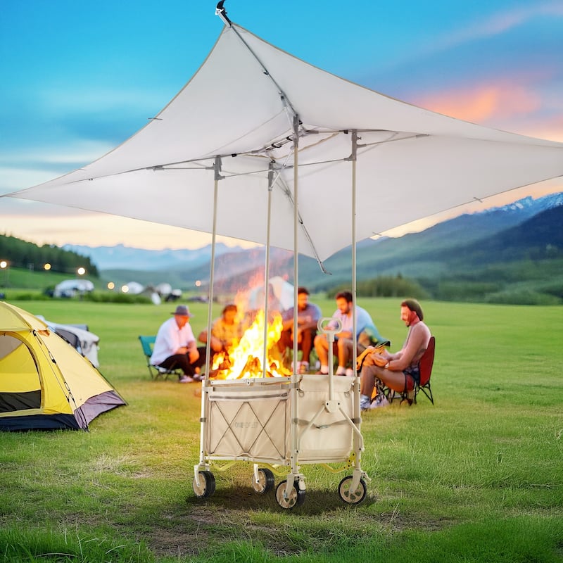 Foldable Camping Cart with Adjustable Handle, Bamboo Tabletop, Foldable storage, and Waterproof Oxford Canopy - White