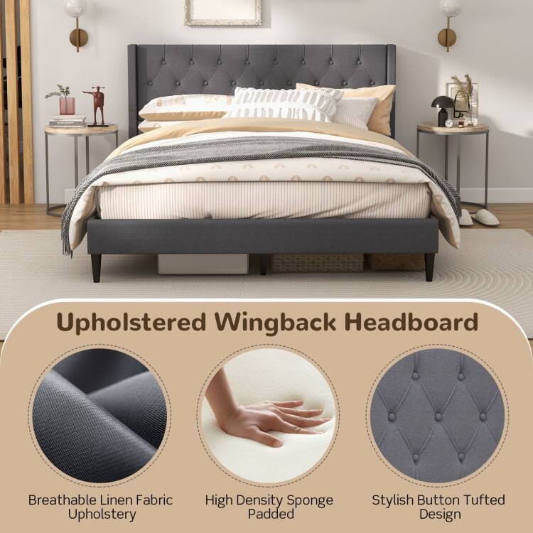 Upholstered Platform Bed with Button Tufted Wingback Headboard