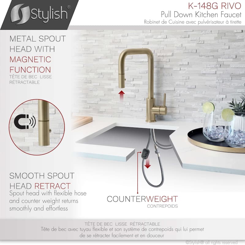 STYLISH Brushed Gold Single Handle Pull Down Kitchen Faucet with Cold Water Tap