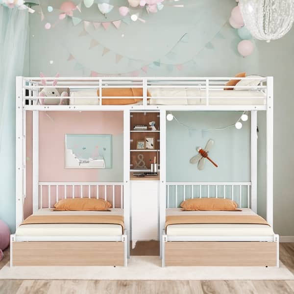 slide 2 of 13, Triple Bunk Bed With Drawers,Full Over Twin & Twin,Multi-Functional Metal Frame Bed With Desks And Shelves In The Middle,Black Black