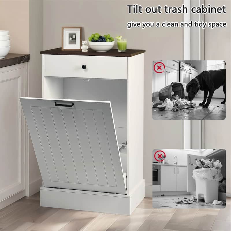 Tilt Out Trash Can Cabinet, Hidden Wooden Trash Can Cabinet with Drawer, Free Standing Garbage Cabinet, 10 Gallon Hamper Cabinet