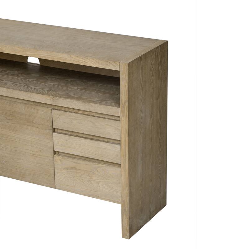 60" 3-Door Sideboard with 3 Drawers - Modern Solid Ash Veneer MDF Sideboard, Semi-Open Shelf & Center Semi-Circular