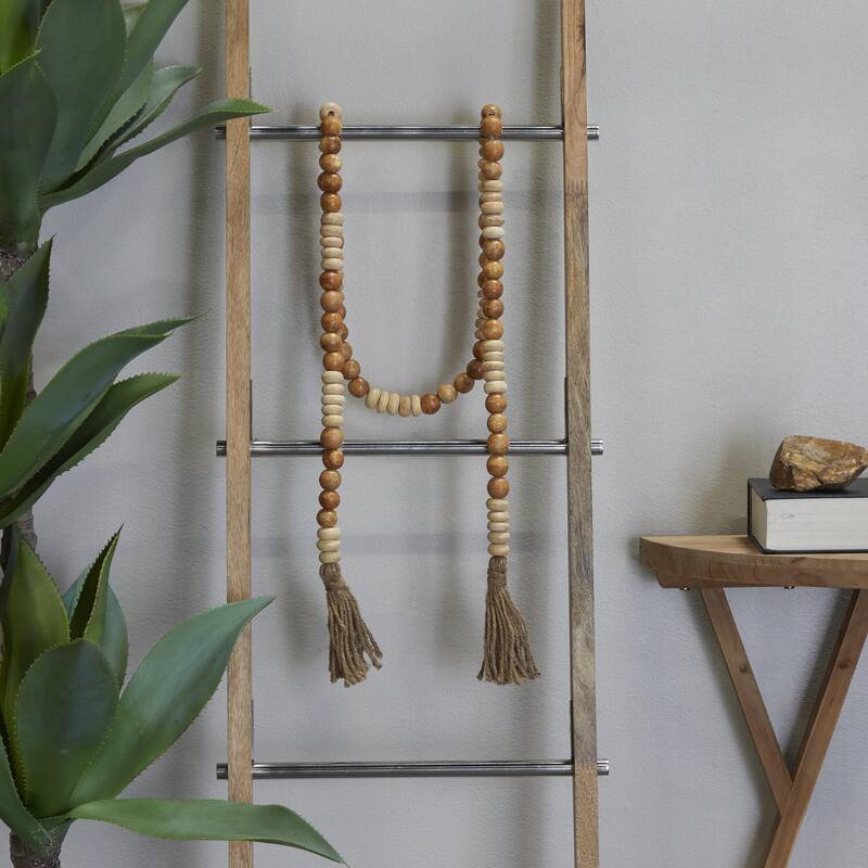 Mango Wood Handmade Round Long Carved Beaded Garland with Tassel - Brown - Roche River Decor