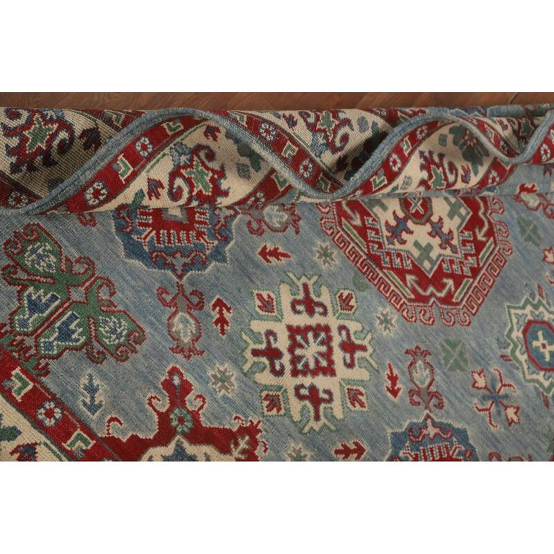 Blue Geometric Kazak Area Rug Hand-Knotted Wool Carpet - 4'11" x 6'4"