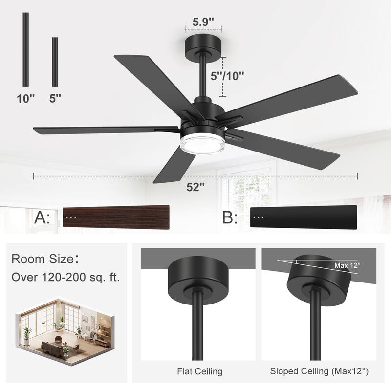 52" Modern Black Reversible 5-Blade Clear Acrylic Lens Ceiling Fan with Light and Remote