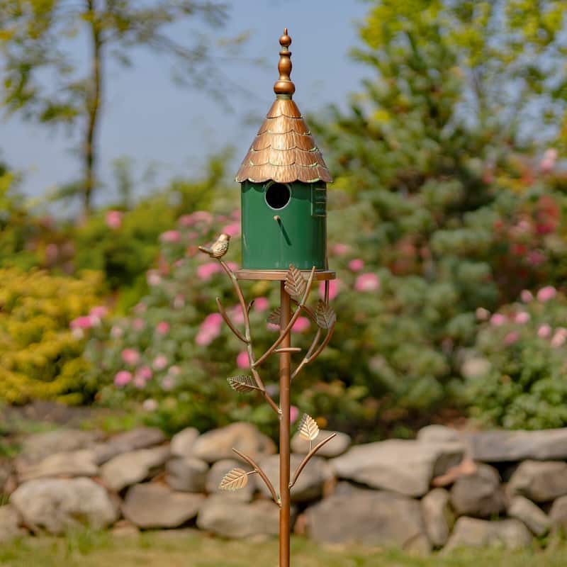 68.75" Tall Iron & Dark Green Porcelain Birdhouse Stake "Prague" - 8.5" L x 6.25" W x 68.75" H