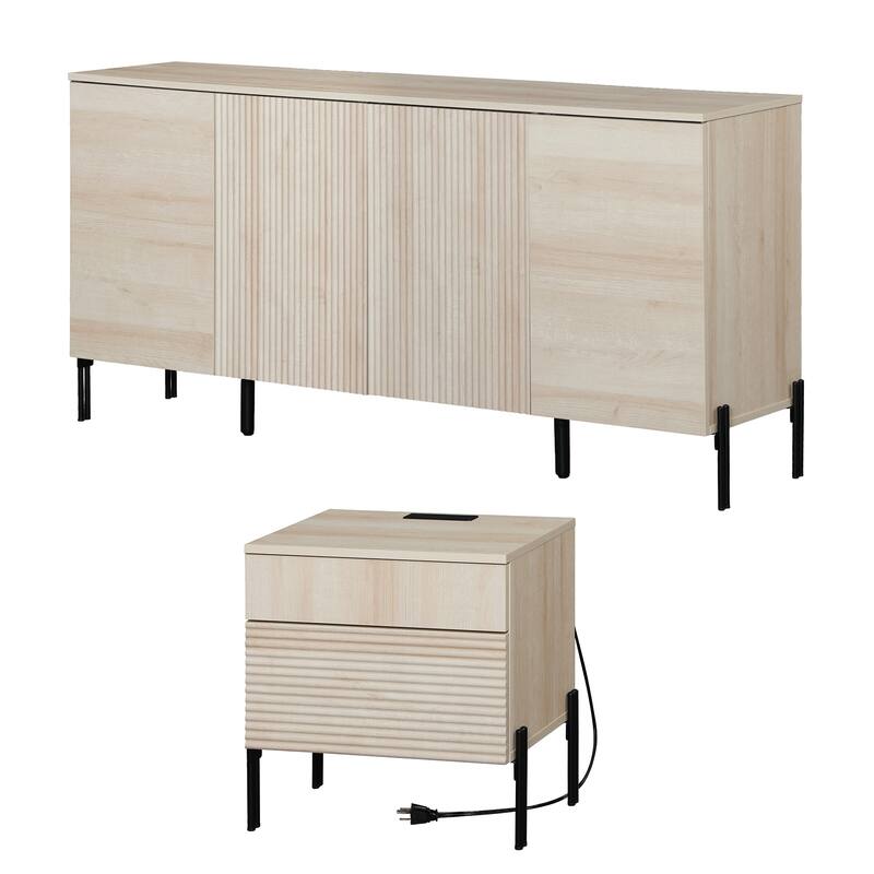 WAMPAT Modern Minimalist Nightstand And Bedside Cabinet Set, Reeded Bedroom Set, Oak Wooden Chest With Hidden Handles - Beige