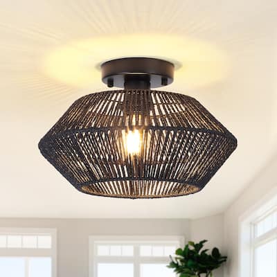Modern Farmhouse Style Hand-Woven Rattan Semi Flush Mounts Light Fixture for Kitchen Living Room