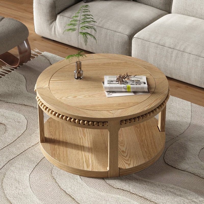 31.5" Round Solid Wood Coffee Table with Two-Tier Top, Sturdy Legs, for Living Room