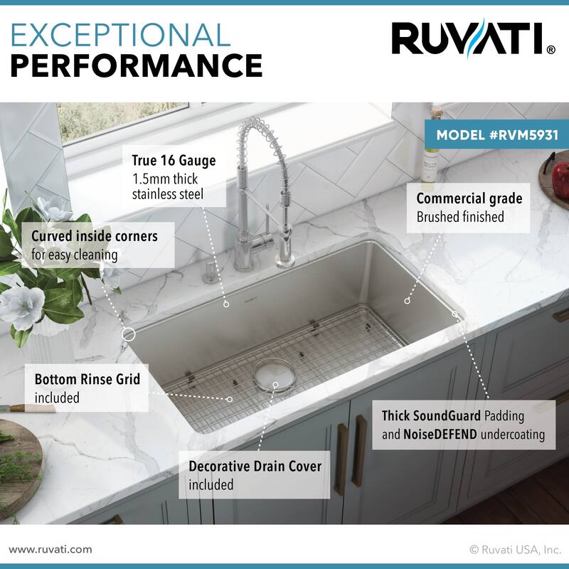 Ruvati 31-inch Undermount Kitchen Sink 16 Gauge Stainless Steel Single Bowl - RVM5931 - 31" X 18"