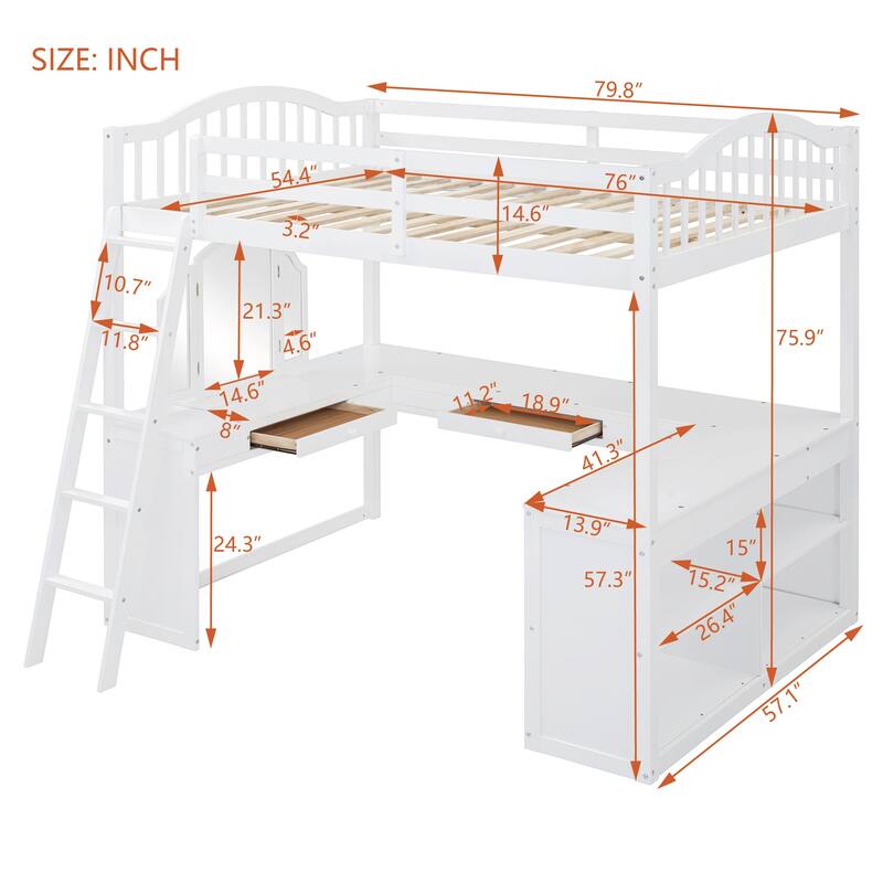 White Full Wooden Loft Bed with U-shaped Desk and Storage Compartments