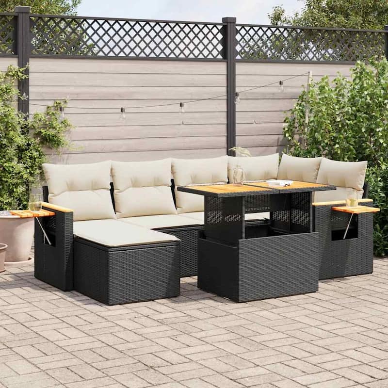 vidaXL Patio Sofa Set with Cushions Footstool and Table 7 Piece Poly Rattan - Black and cream with storage - 92.1 x 48.8 x 33.5 in