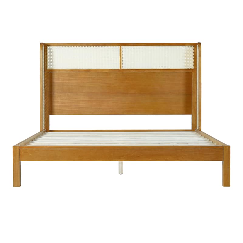 Natural Rubber Wood Bed Low-Profile Platform Wingback Bed Frame with Wood Slat Support Center Support Legs for Bedroom Apartment