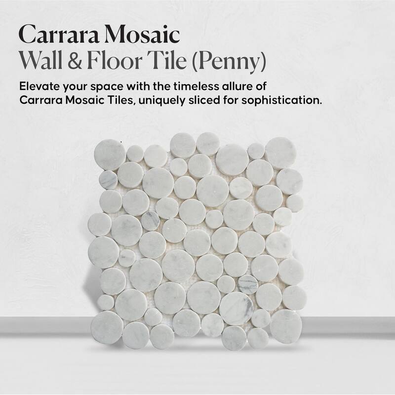 Penny Carrara Marble Mosaic Tile - Floor and Wall Carrara Tile - Honed Finish Tiles for Kitchen 12" X 12" (5 Sqft per case)