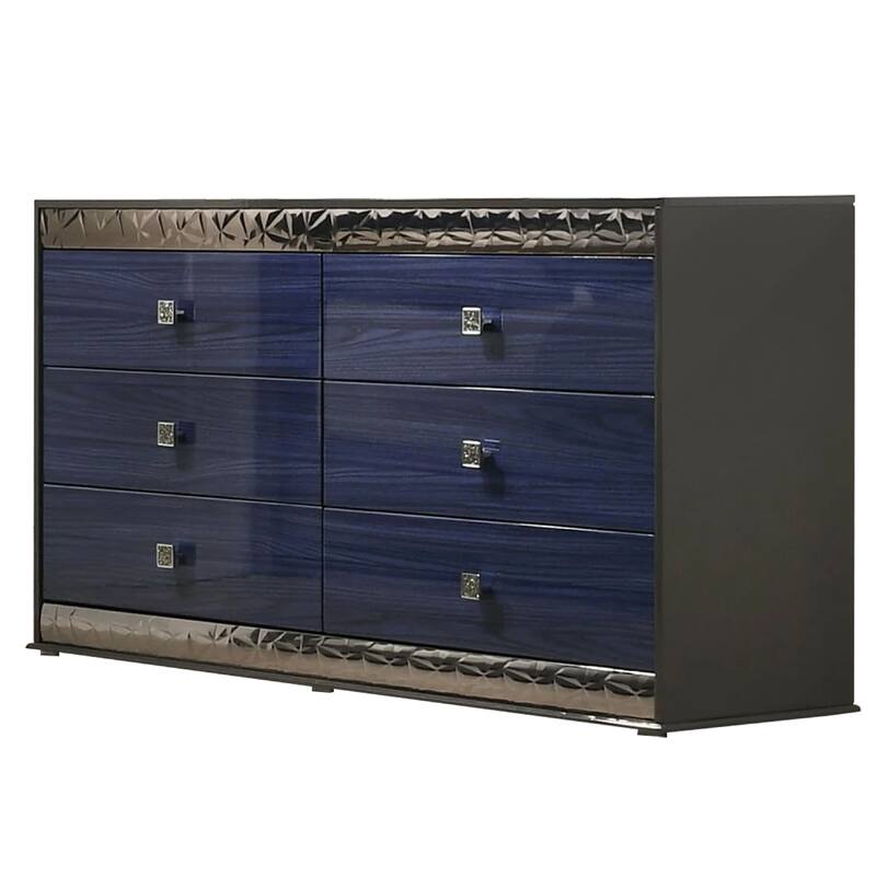Cote 6 Drawer Dresser, Ash Gray, Indigo Blue Solid Wood, Chrome