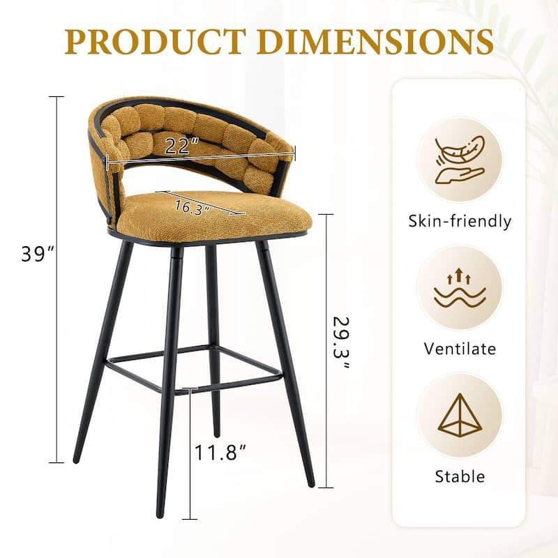 Set of 2 Velvet Bar Stools with Black Iron Legs, Modern Counter Height Stools for Home Bar