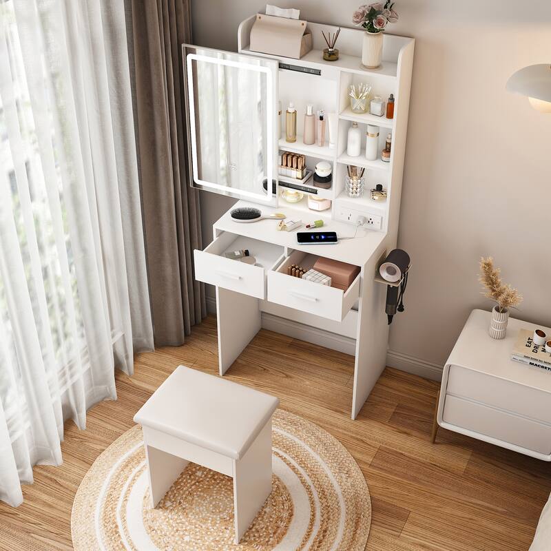 Small Makeup Vanity Desk with Mirror & Adjustable LED Lights, ,Built-in Power Outlet Vanity Table Set for Bedroom