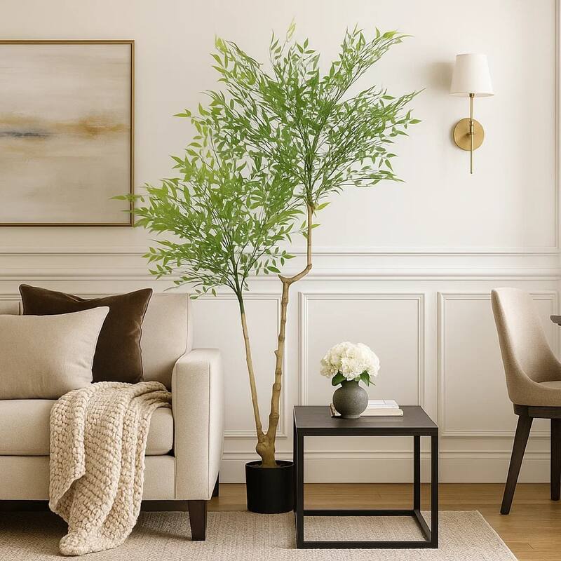 Artificial Nandina Plant, Sacred Bamboo Like Green Leaves, 47 Inch