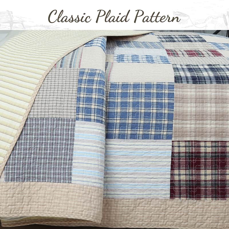 Cozy Line Tattersall Blue Tan Tartan Plaid Patchwork 3 Piece Quilt Bedding Set