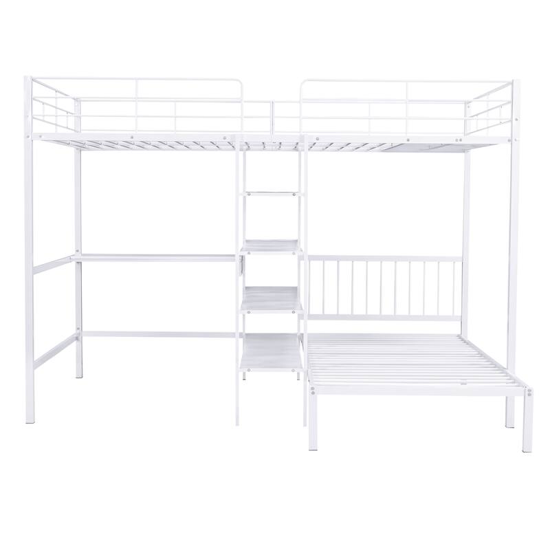 Versatile Full/Twin Bunk Bed with Built-in Desk, Shelves, and Storage - White Metal Frame