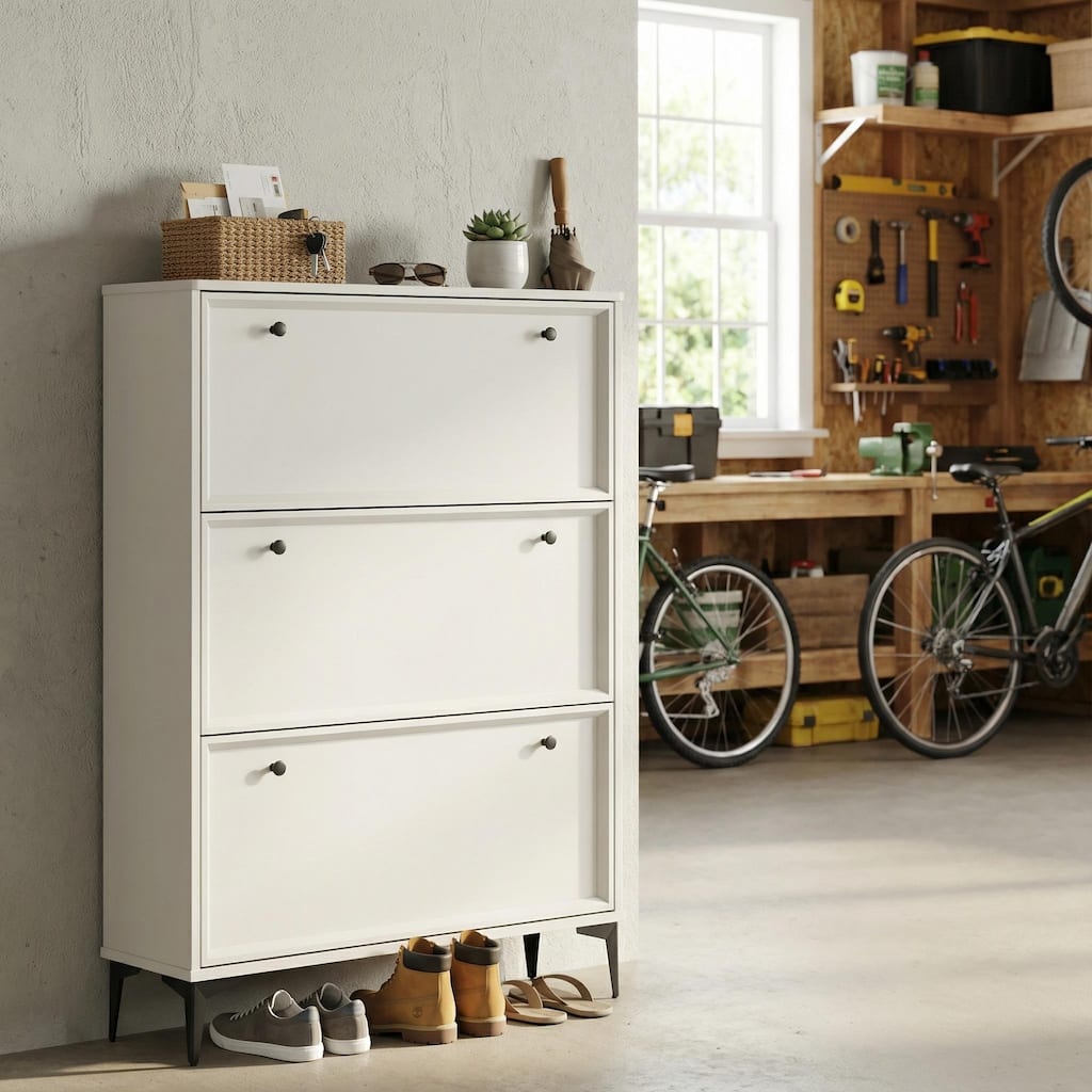 Homy Casa Compact Shoe Storage Bench 2 Flip Doors 2 Drawers, White