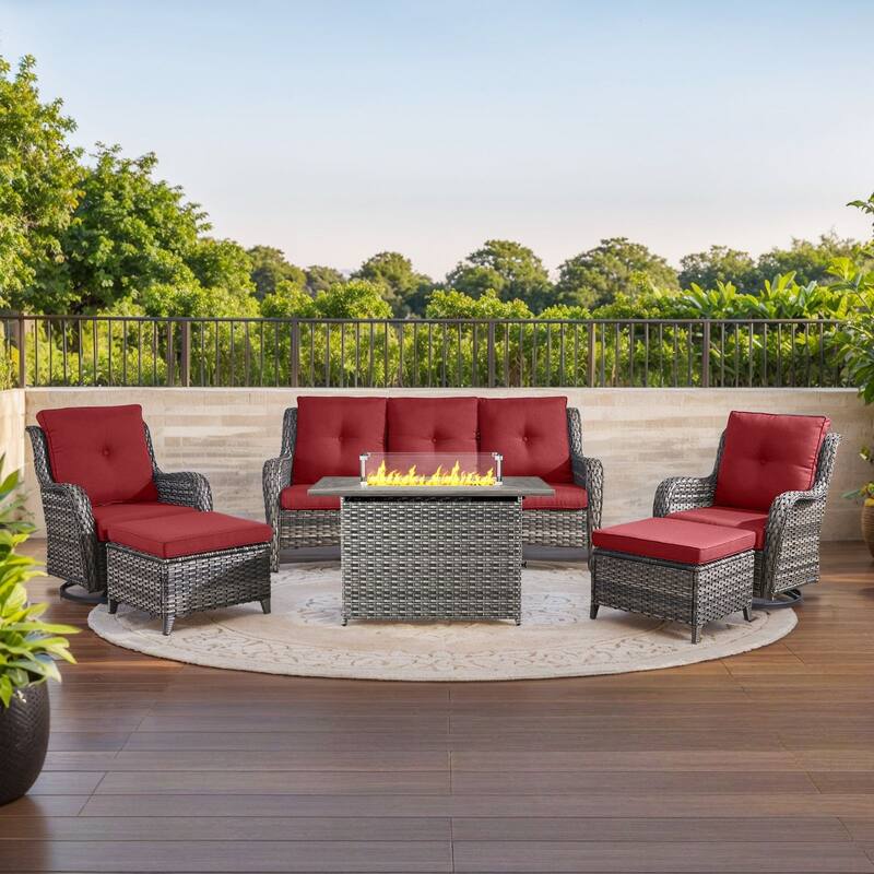 Gymojoy 6-Piece Outdoor Furniture Sofa Set with 2 Swivel Chairs, 2 Ottomans & 55K BTU Fire Pit Table - Grey Wicker / Red Cusion - 6-Piece