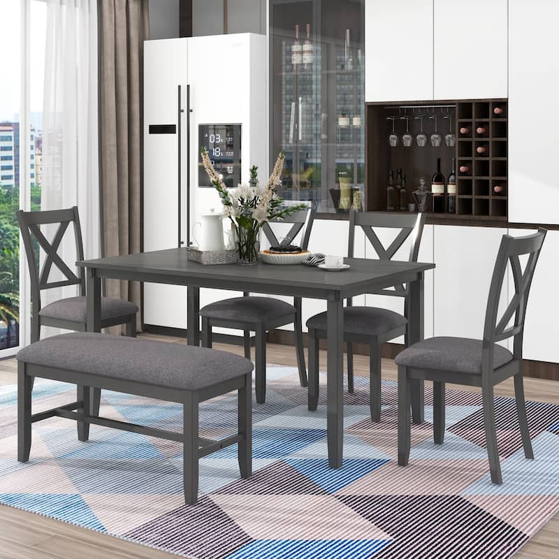 6-Piece Kitchen Dining Table Set Wooden Rectangular Dining Table, 4 Fabric Chairs and Bench Family Furniture - Grey