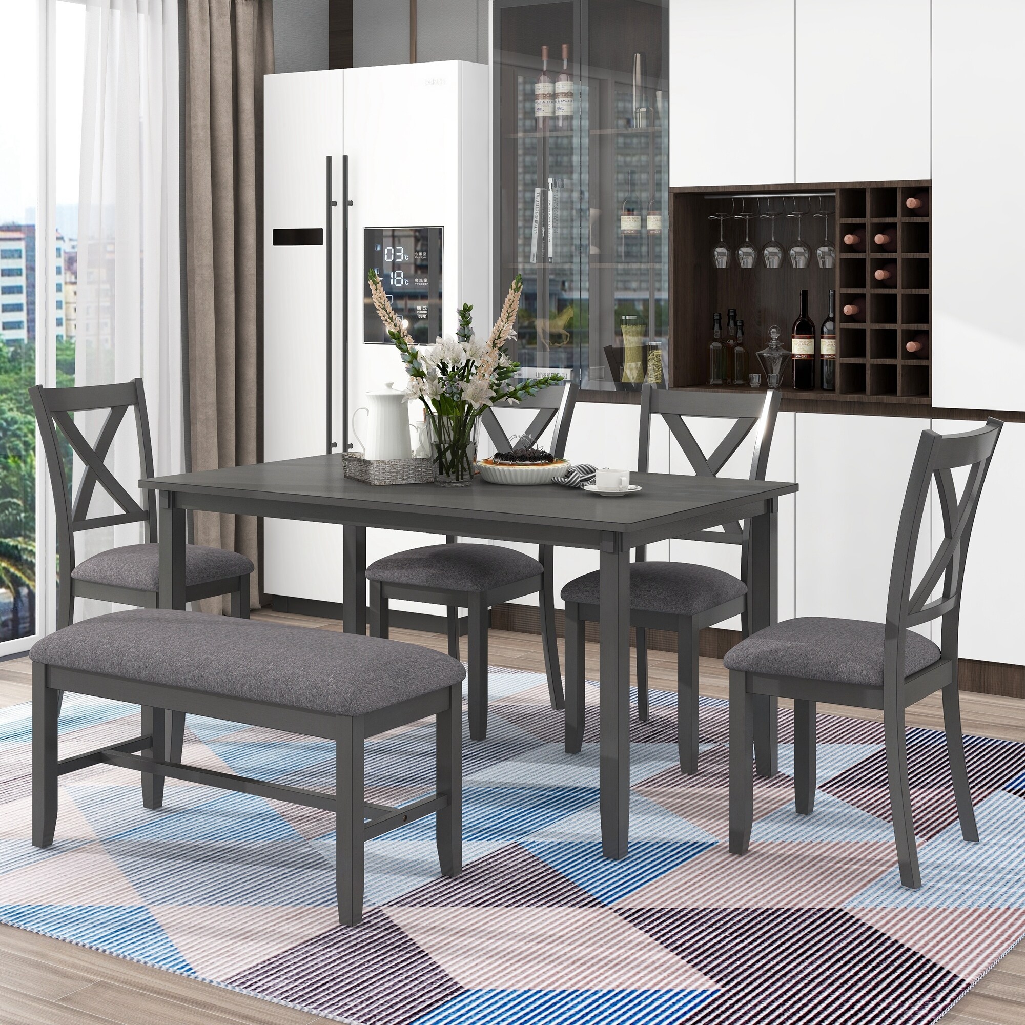 Spice Kitchen Elegant 6 Piece Gray Counter Height Dining Table Set Table with Shelf 4 Chairs Bench
