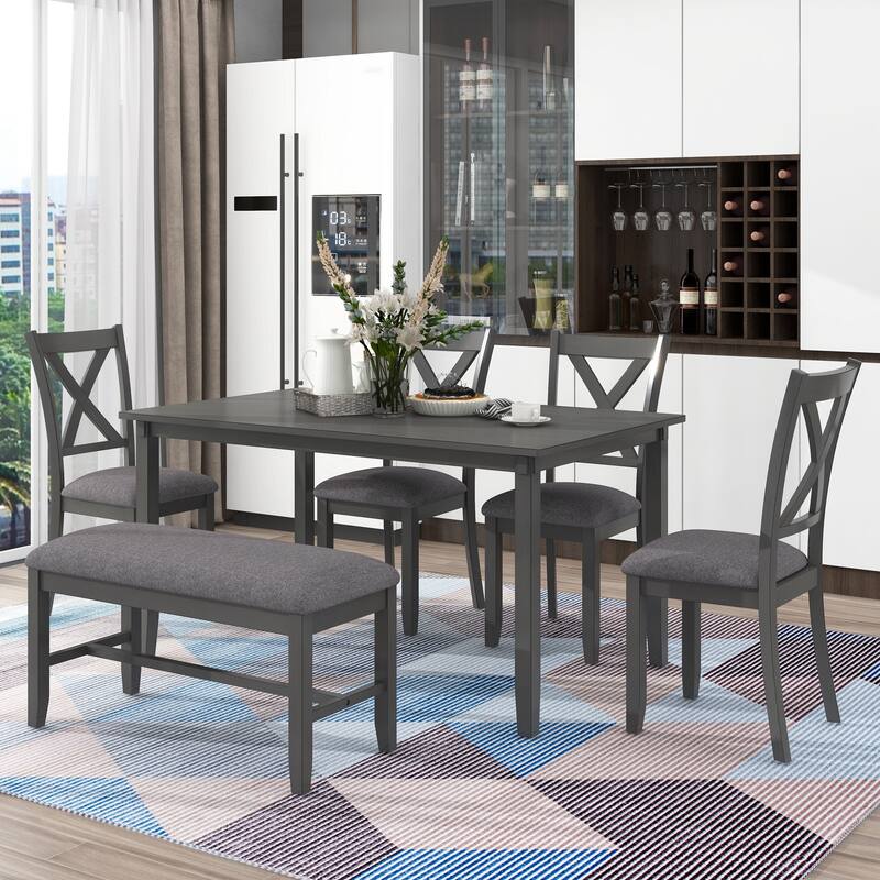 Farmhouse-Style Dining Table Set with 4 Chairs and Bench, Solid Wood Frame, Ideal for Kitchen or Dining Room - Grey