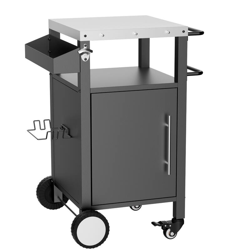 Grill Cart with Patio Furniture, Rolling Bar Cart Outdoor BBQ Cart with Hooks and Spice Rack for Grilling Accessories - Silver/Black
