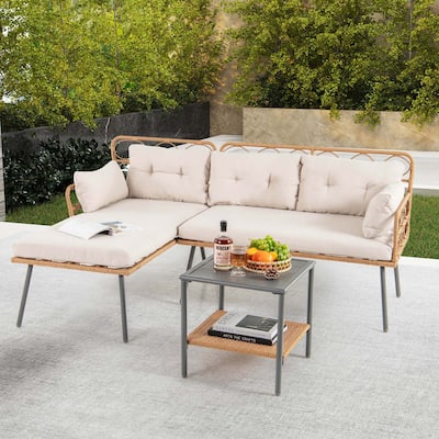 3 PCS Outdoor Cushioned Sofa Set Patio Furniture Set w/ Coffee Table