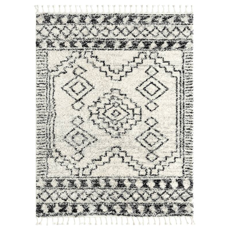 Abani Willow WIL180A Contemporary Ivory and Black Geometric Shag Area Rug