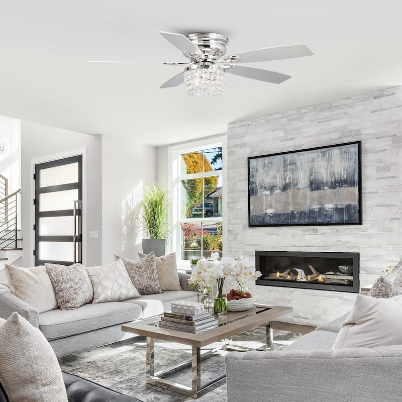 52" Chrome Crystal Flush Mount Ceiling Fan with Light Kit and Remote