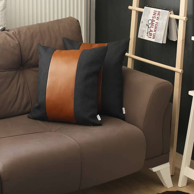 Boho-Chic Decorative Vegan Faux Leather Pillow Covers 2 PCS - 18x18 - Black-Brown
