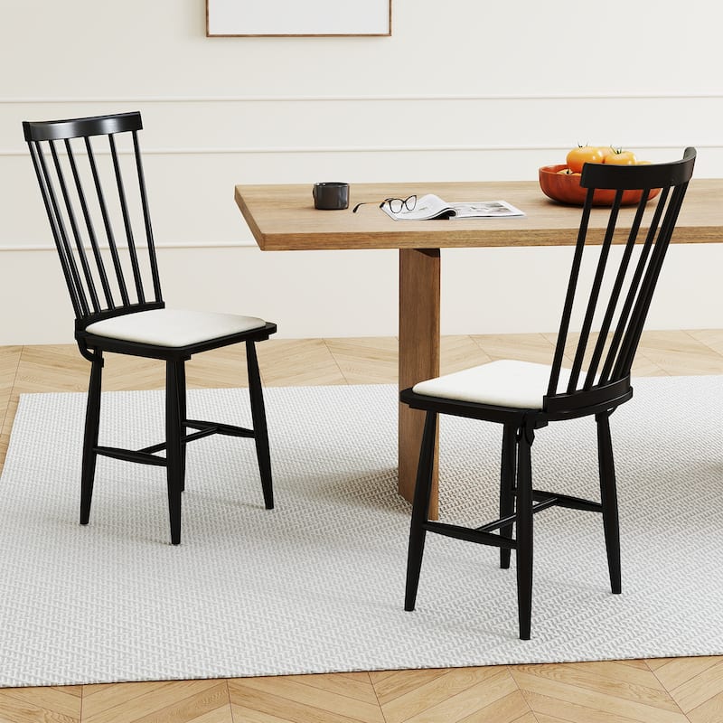 Set of 2 Windsor Dining Chairs with Cushioned Linen Seats and Solid Rubber Wood Frame - 20.5" x 16" x 38" - Black